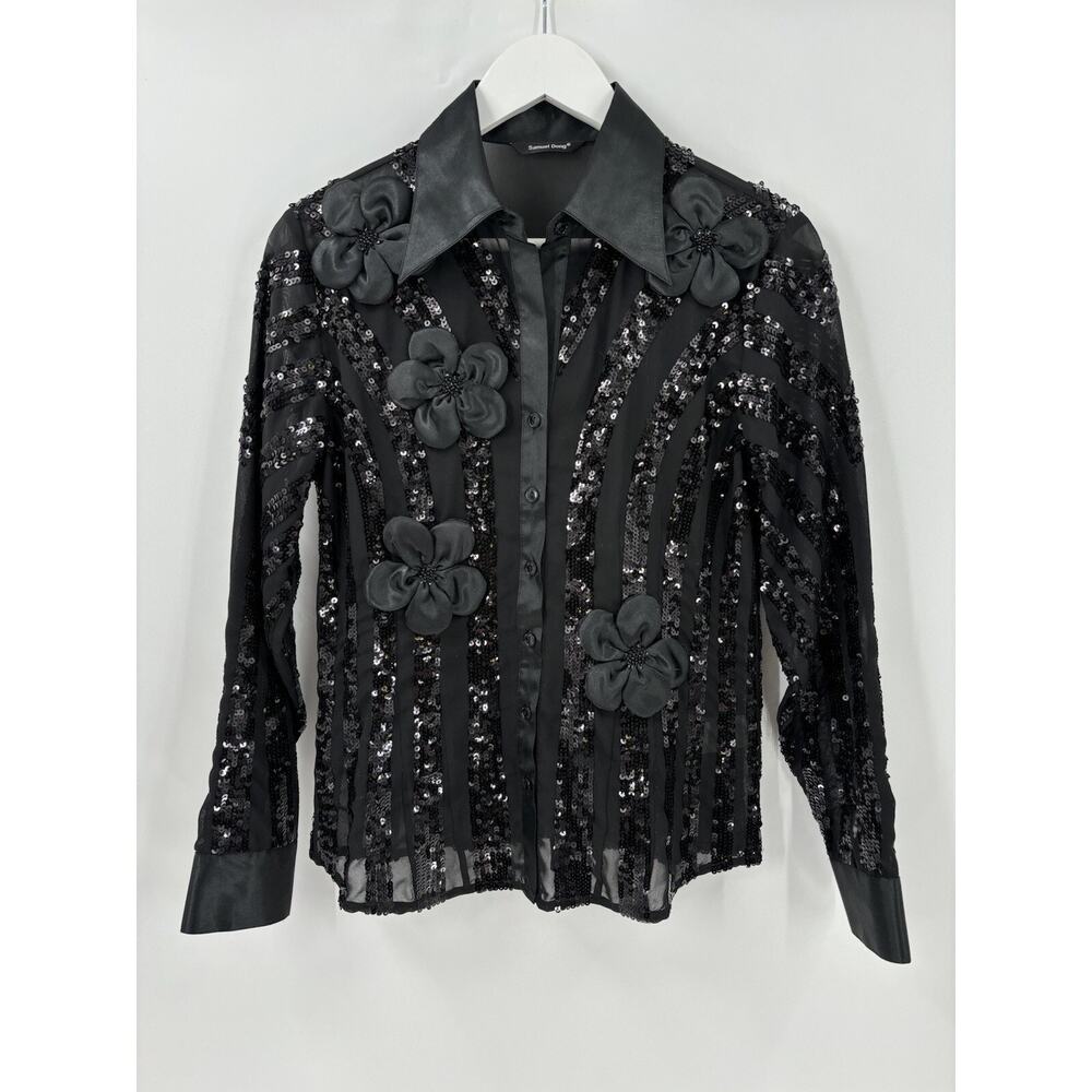 Samuel Dong Blouse Set Womens Small Black Sequins Floral Sheer 2 Piece Buttons
